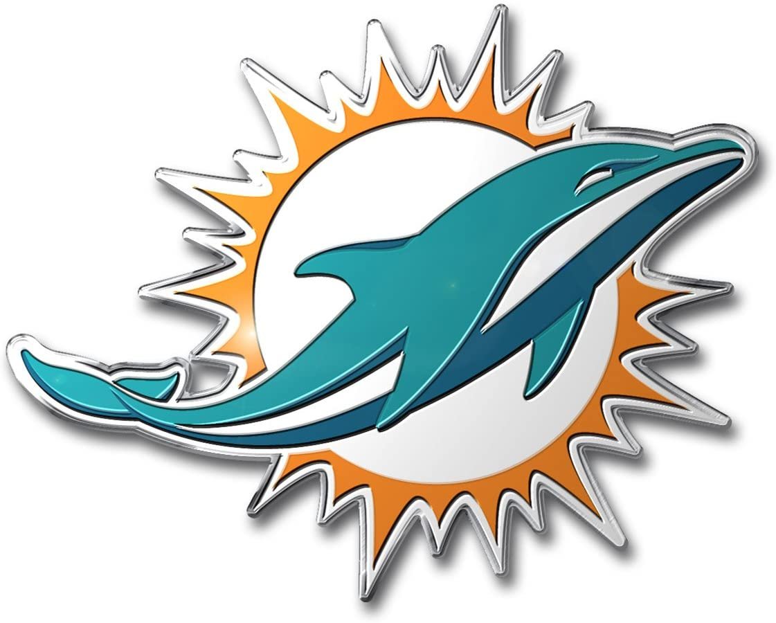 Miami Dolphins Auto Emblem, Aluminum Metal, Embossed Team Color, Raised Decal Sticker, Full Adhesive Backing