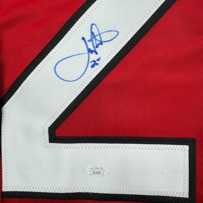 Framed Autographed/Signed Joe Nieuwendyk 35x39 New Jersey Red Hockey Jersey JSA COA