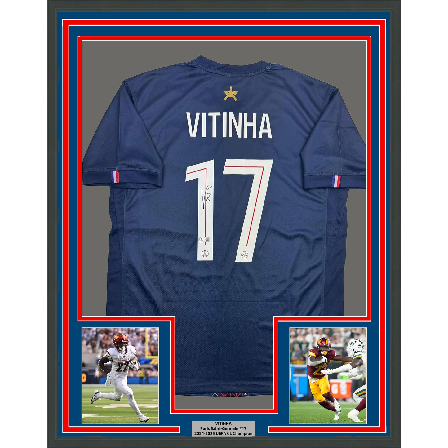 Framed Autographed/Signed Vitinha 35x39 PSG Paris Saint Germain Blue Soccer Futbol Jersey Beckett BAS COA