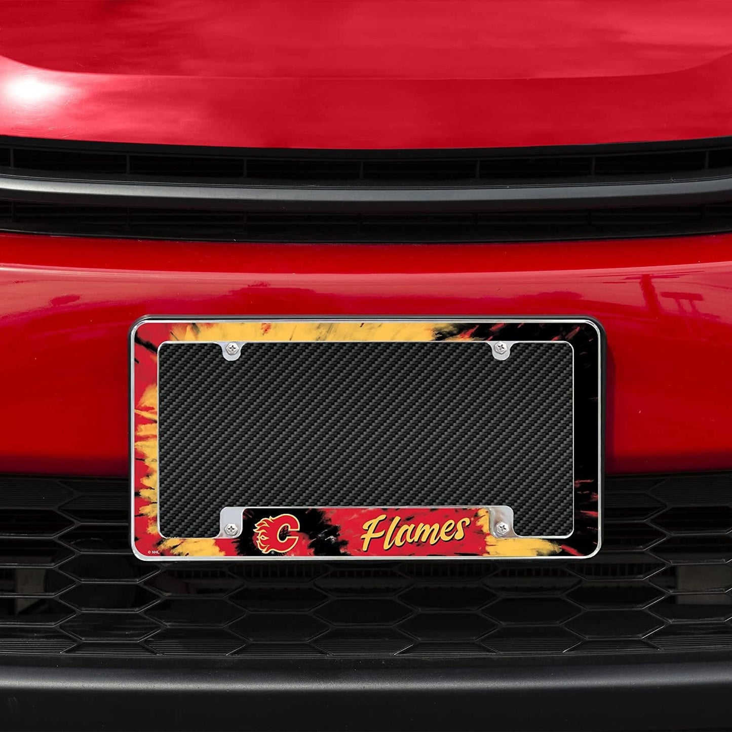 Calgary Flames Metal License Plate Frame Chrome Tag Cover Tie Dye Design 6x12 Inch