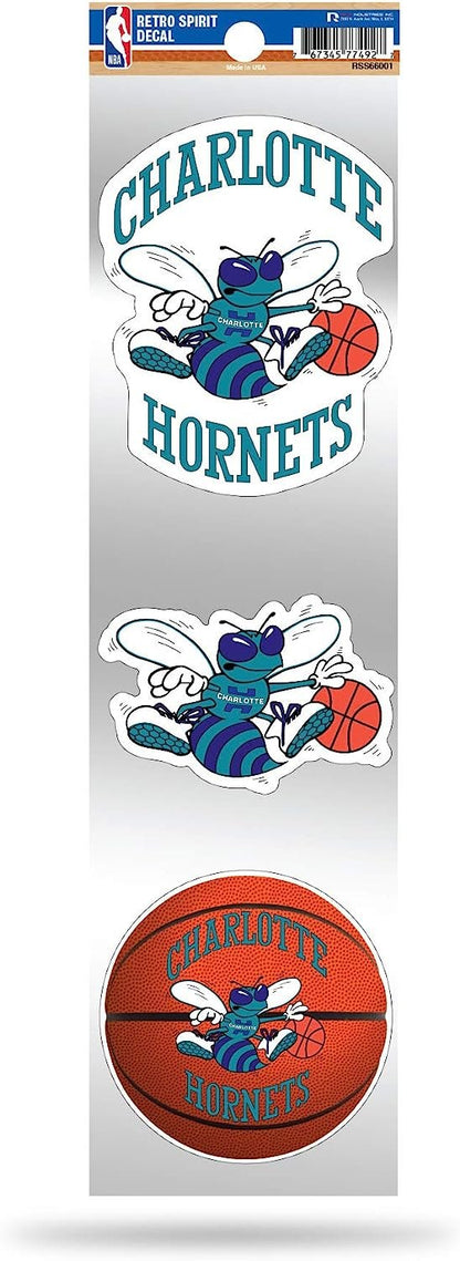 Charlotte Hornets 3-Piece Retro Decal Sticker Sheet, Die Cut, Clear Backing, 3x12 Inch