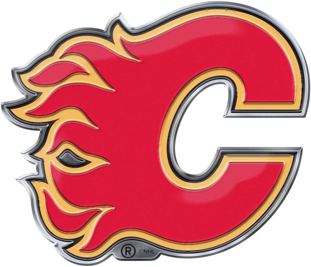 Calgary Flames Auto Emblem, Aluminum Metal, Embossed Team Color, Raised Decal Sticker, Full Adhesive Backing