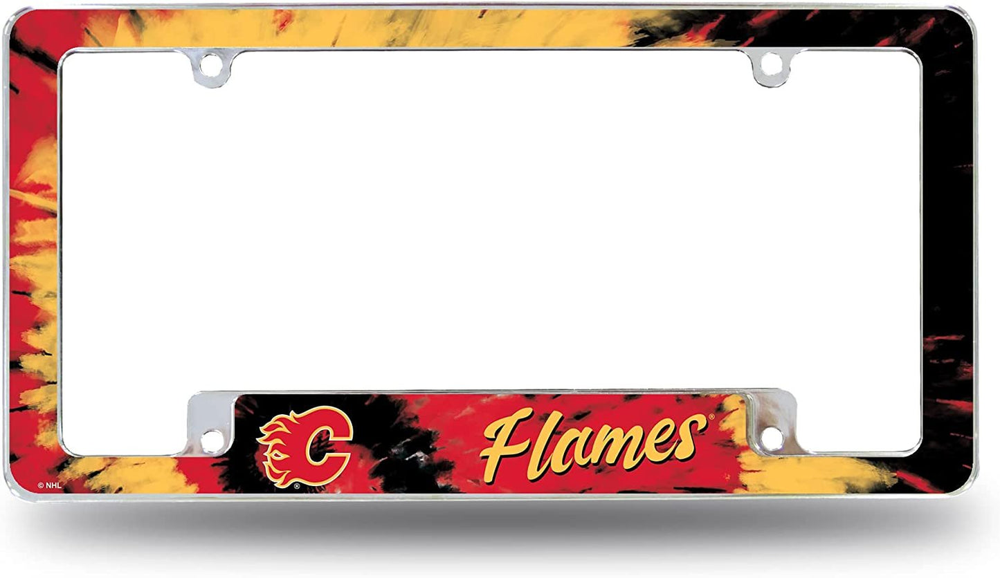 Calgary Flames Metal License Plate Frame Chrome Tag Cover Tie Dye Design 6x12 Inch