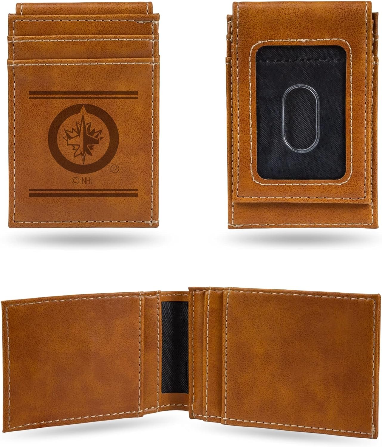 Rico Industries NHL Winnipeg Jets Premium Laser Engraved Vegan Brown Leather Front Pocket Wallet - Compact and Slim yet Sturdy Design - Perfect to Show Your Team Pride or Gift