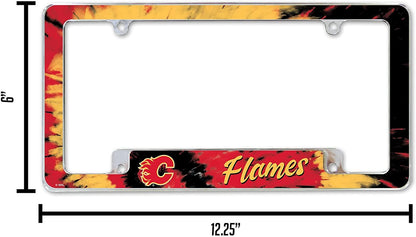 Calgary Flames Metal License Plate Frame Chrome Tag Cover Tie Dye Design 6x12 Inch