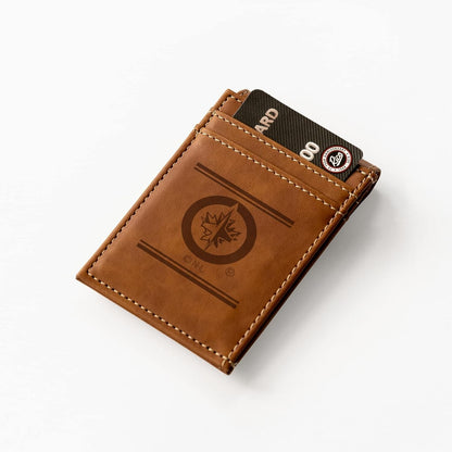 Rico Industries NHL Winnipeg Jets Premium Laser Engraved Vegan Brown Leather Front Pocket Wallet - Compact and Slim yet Sturdy Design - Perfect to Show Your Team Pride or Gift