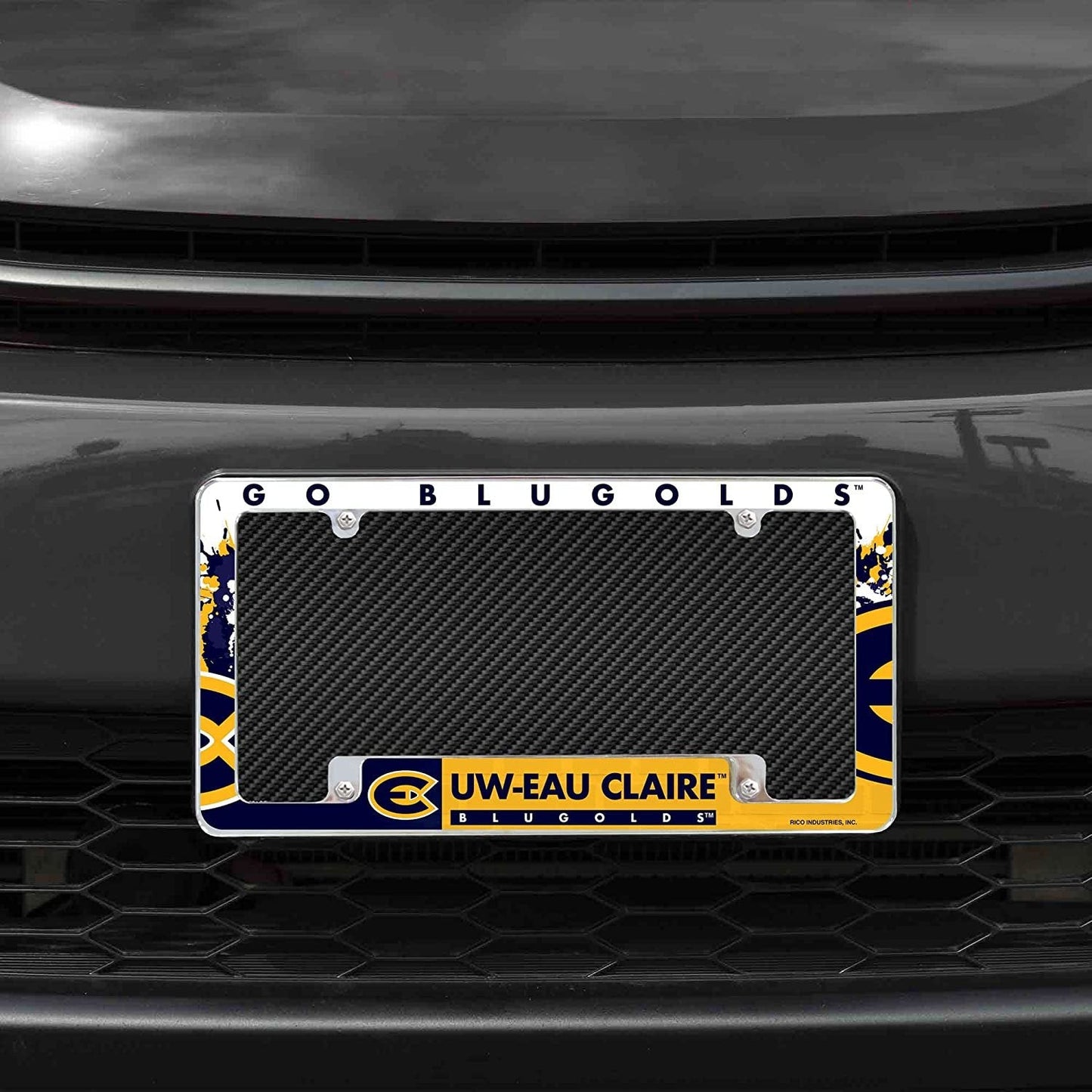 University of Wisconsin Eau Claire Blugolds Metal License Plate Frame Tag Cover All Over Design 12x6 Inch